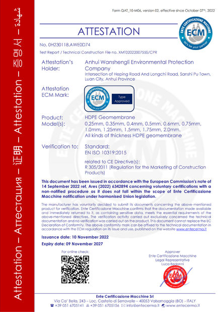 Κίνα Anhui Wanshengli Environmental Protection Co., Ltd Πιστοποιήσεις